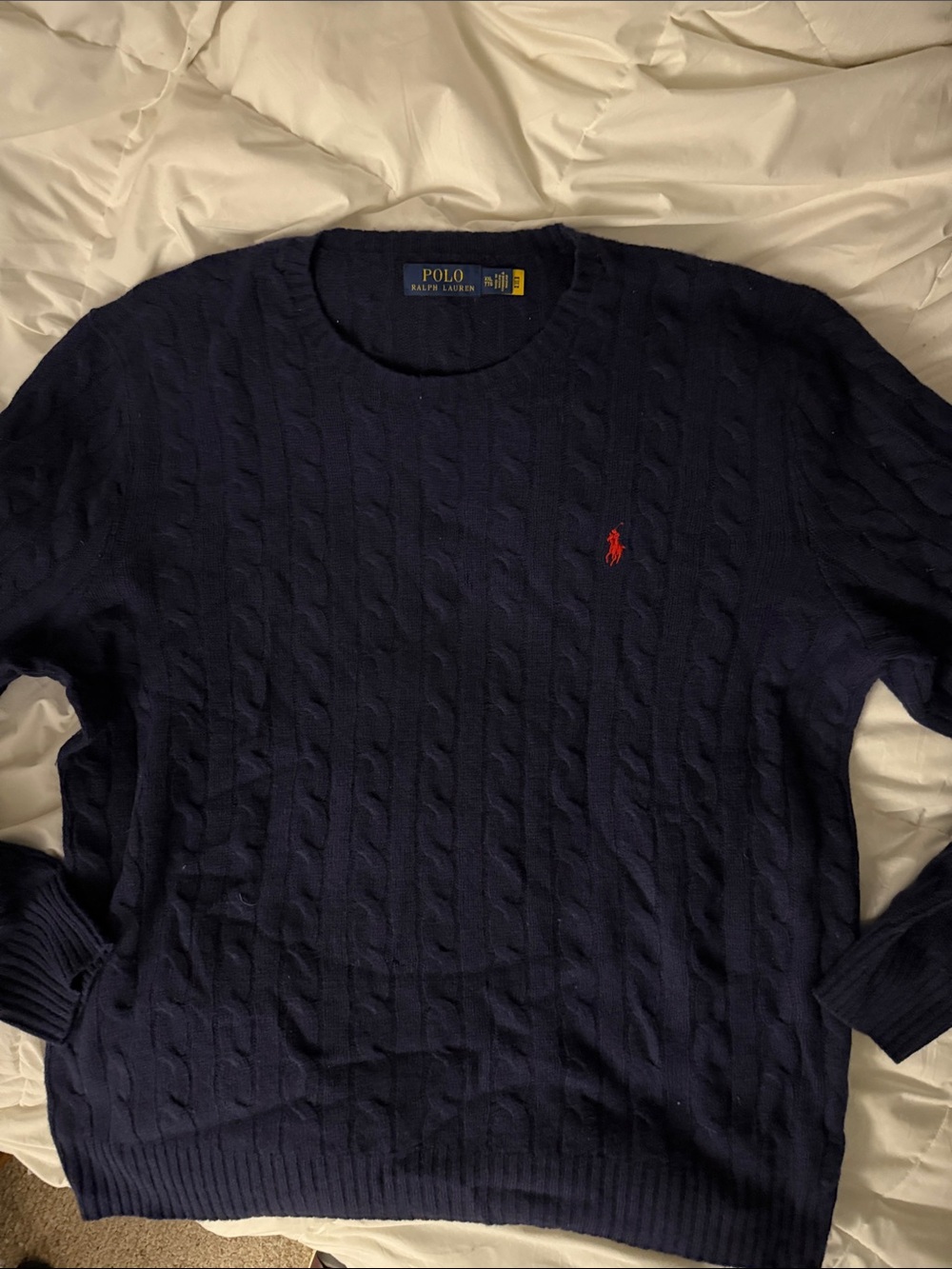 Polo by Ralph Lauren Navy Blue Cable-Knit Crewneck Sweater with Red Pony